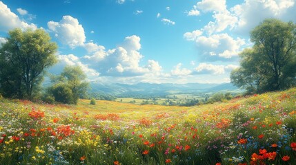 Vibrant wildflower meadow under a bright blue sky.