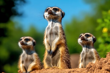 A family of meerkats standing on their hind legs, scanning the horizon for danger as they protect their den