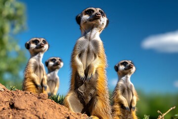A family of meerkats standing on their hind legs, scanning the horizon for danger as they protect their den