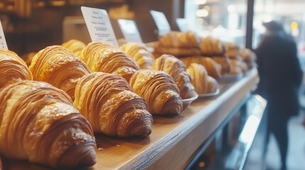 A close-up of croissants in a bakery display.
