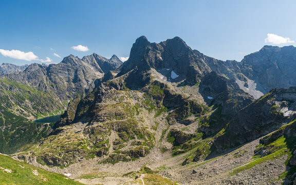 Dolina za Mnichem valley, Czarny Staw pod Rysami lake and peaks of High Tatras mountains - view from Szpiglasowa Przelecz