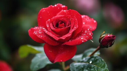 The beauty of a red rose in bloom, each petal adorned with sparkling dewdrops.