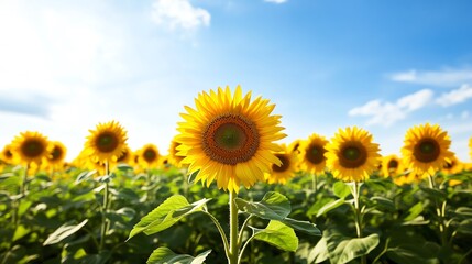 Fototapeta premium A vibrant field of sunflowers under a bright blue sky, showcasing nature's beauty and the joy of summer blooms.