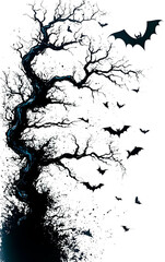 A Halloween landscape with a tree and bats. Space for text.