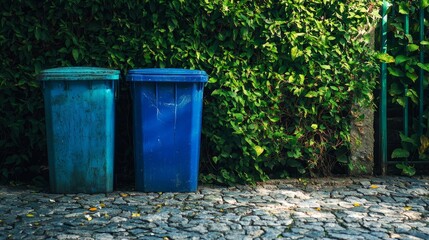 Naklejka premium Bins For Collection Of Recycle Materials. Trash bins laying on the stone floor. used for garbage disposal to keep clean and conserving the environment There are green trees as a fence