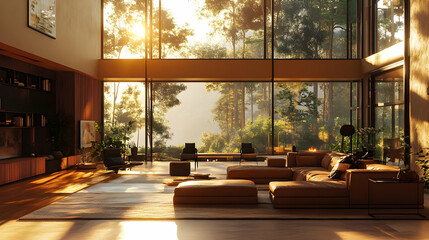 A spacious, sunlit living room with large windows overlooking a serene natural landscape.