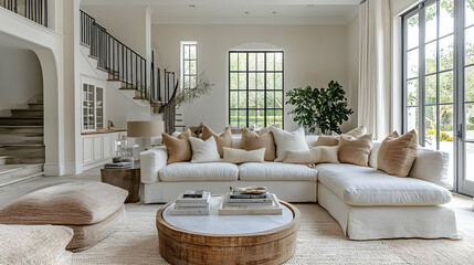 A stylish and cozy living room with neutral tones and modern decor.