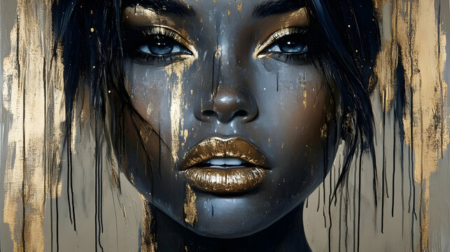 A striking portrait of a woman with golden accents and an artistic, abstract background.