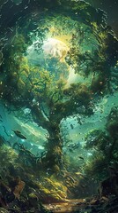 Fototapeta premium A majestic tree with green leaves and branches creates a portal to another world.