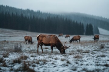 In this serene winter scene, several elk graze peacefully on a snow-dusted plain with a dense coniferous forest in the background, exemplifying nature's calm beauty.