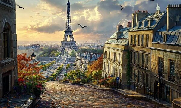 Parisian Street View with Eiffel Tower