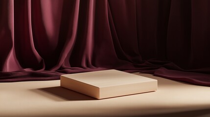 A sleek wooden stand on a beige floor, with a rich burgundy curtain draped in the background. The studio lighting casts soft shadows, creating a refined and modern 3D abstract mockup.