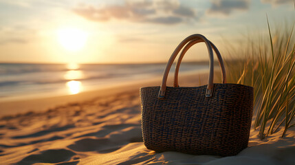 A trendy handbag resting against a dune, the sand reflecting the golden hues of a setting sun, with the sea just visible in the background