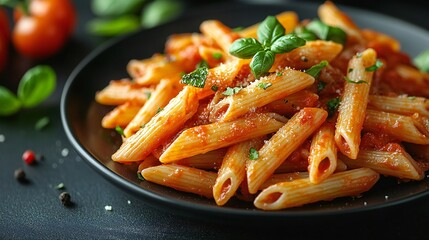Penne pasta with tomato sauce and basil on a black plate, food photography with dark background