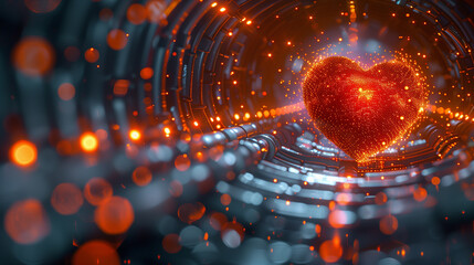 abstract background with circles. Heart of lights in a digital space. Valentine’s Day greeting, love confession, romantic relationships, heart, lights, technology, digital, bokeh, glowing.