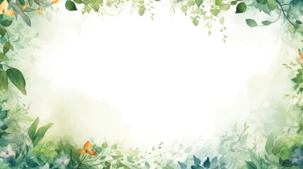 Obraz premium Elegant Watercolor Spring Greenery Frame. Botanical Border with Lush Leaves and Foliage. Copy space. Blank, empty space for text, design. Calm, peaceful, beautiful and aesthetic atmosphere