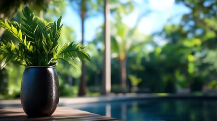A serene scene featuring a potted plant near a tranquil pool, surrounded by lush greenery and dappled sunlight.