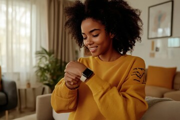 Close-up of digital assistant providing financial tips on a smartwatch â€“ Gen Z client receiving daily reminders for budgeting, blending tech and advice, wearable fintech