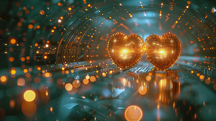 Two Hearts of lights in a digital space. Valentine’s Day greeting, love confession, romantic relationships, heart, lights, technology, digital, bokeh, glowing.
