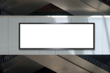 Mock up template: Long horizontal billboard out of home (OOH) advertising poster on side of parapet. Escalators in background. Light and shadow on frame. Transparent png file with shadows