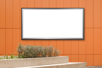 Large horizontal billboard out of home (OOH) advertising poster on modern tiled wall. Planter in the foreground. Clean design for mock up layout. Transparent png file with shadows