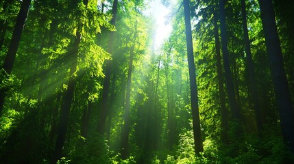 Obraz premium A serene sunlit forest scene showcasing vibrant greenery and peaceful atmosphere, perfect for nature lovers and relaxation.