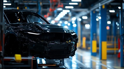 Fototapeta premium A sleek black car on an assembly line, showcasing modern manufacturing and automotive industry innovation in a vibrant factory setting.
