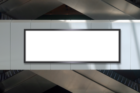 Mock up template: Long horizontal billboard out of home (OOH) advertising poster on side of parapet. Escalators in background. Light and shadow on frame. Transparent png file with shadows
