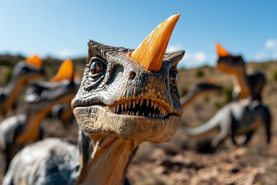 A group of Corythosaurus communicating, using their hollow crests to create deep, resonant sounds that carry across the plains
