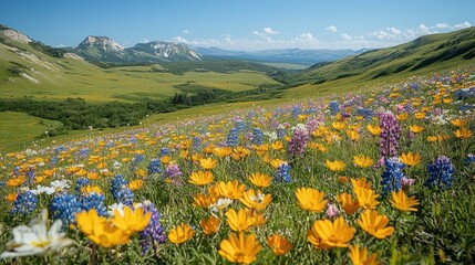 Fototapeta premium Vibrant wildflower meadow with mountains in the background.