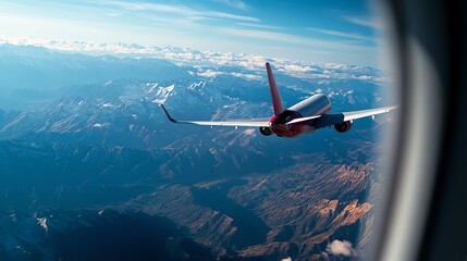 Fototapeta premium A stunning aerial view of an airplane flying over majestic mountains and a clear blue sky, captured from the window.