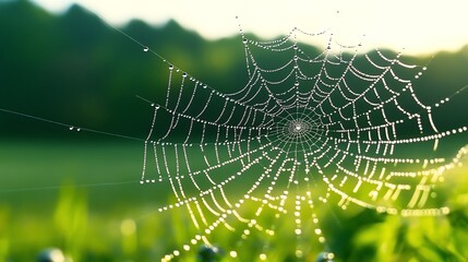 Naklejka premium A stunning close-up of a dew-covered spider web glistening in the morning light, showcasing nature's intricate beauty.