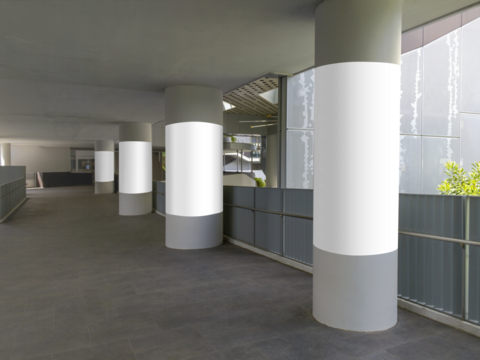 4 vertical blank poster templates on round pillars. Advertising pillar wrap mock ups along corridor walkway. Transparent png file with shadows.