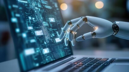 robot finger point to monitor of laptop, business data information - generate AI