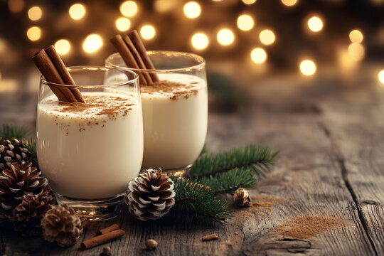 Two festive drinks topped with cinnamon sit on a rustic table surrounded by pinecones and sprigs of greenery, illuminated by soft, glowing lights in the background.