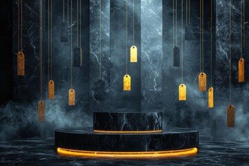 Mystical stage with glowing amber lights and smoky atmosphere