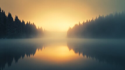 Fototapeta premium A tranquil lake reflecting the soft glow of sunrise, surrounded by mist and creating a peaceful, dreamlike scene.