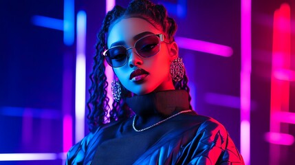 Fototapeta premium Stylish model poses in neon lights, showcasing bold fashion and attitude. Perfect for trendy, urban, and modern aesthetics.
