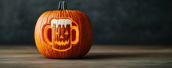A spooky pumpkin carving with a beer mug design, pumpkin carving, beer mug, spooky