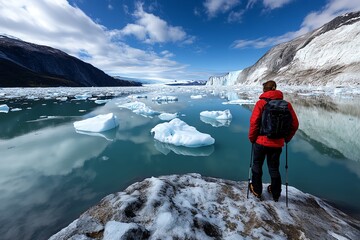 Fototapeta premium A hiker standing at the edge of a glacier lagoon, where floating icebergs drift slowly through the calm, icy waters