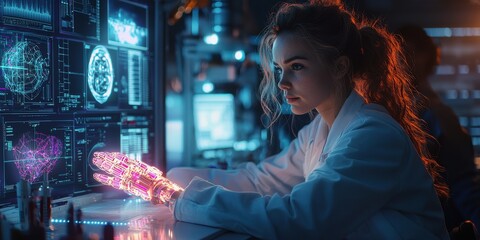 Obraz premium Female scientist in lab coat explores AI technology with futuristic robotic arm in modern laboratory