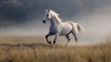 Fototapeta premium Majestic white horse galloping through misty grasslands at dawn in a serene natural landscape