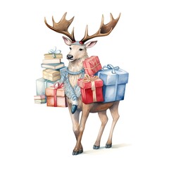 Whimsical Watercolor Reindeer Delivering Christmas Wishes in Saddlebags