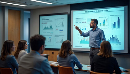 An experienced professor delivers an engaging economy lesson in a well-lit classroom with students focused on data charts and graphs.






