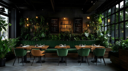 A stylish restaurant interior featuring lush greenery and cozy seating arrangements.