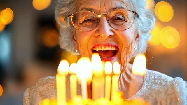 Joyful Senior Woman Celebrating Birthday with Cake and candles
