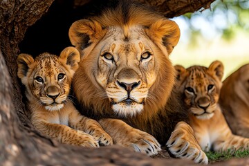 Fototapeta premium A lion pride resting under a tree, with cubs playfully pouncing on each other while the adults keep watch in the African savannah
