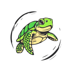 Sea turtle vector illustration isolated on white background. Cartoon marine animal. watercolor, oil painting style turtle mascot logo