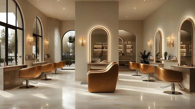A stylish, modern hair salon with elegant furniture and ample natural light.