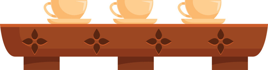 Wooden shelf with floral carvings holding three teacups with saucers, evoking a cozy and traditional atmosphere